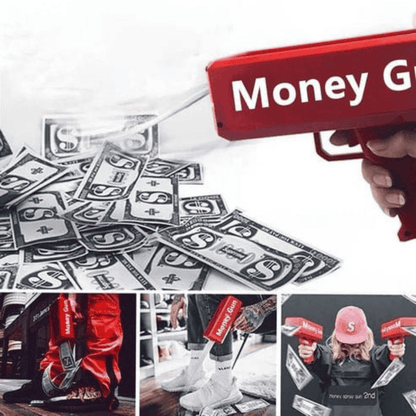 Multiple views of money gun displaying usage and design