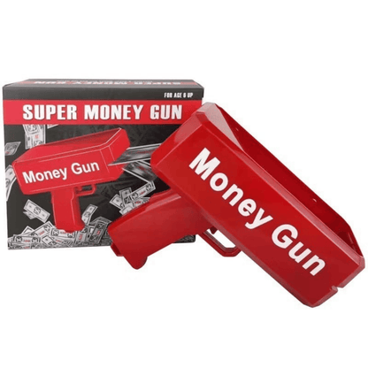 Red money gun shown alongside its packaging