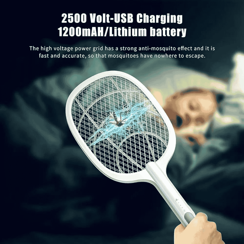 Front view of white mosquito killer racket with child sleeping in background