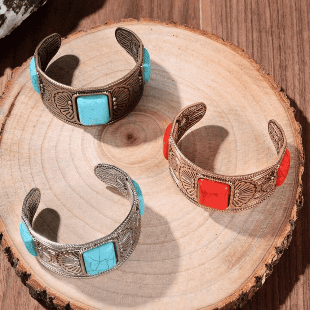 Top view showcasing blue, green, and red antique bangles

