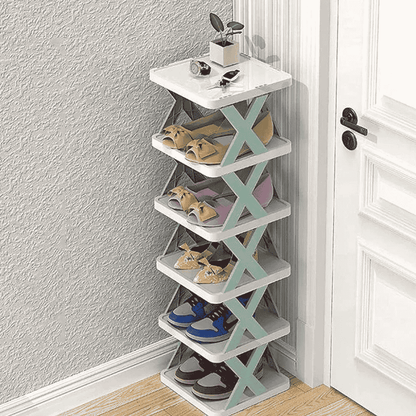 Close-up of the stackable shoe rack's texture and design