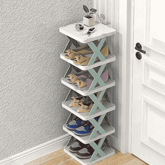 Close-up of the stackable shoe rack's texture and design
