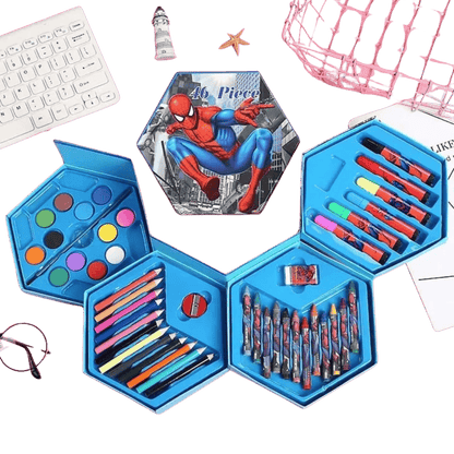 Close-up of the blue art set showcasing included supplies