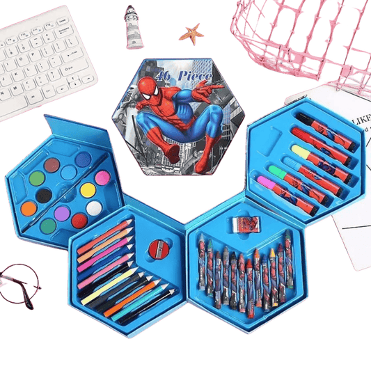 Close-up of the blue art set showcasing included supplies