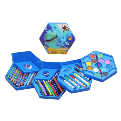 Front view of the blue multicolor art box coloring set