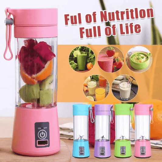 Pink portable blender with fruits inside, surrounded by images of smoothies and text 'Ful of Nutrition Full Of Life'.