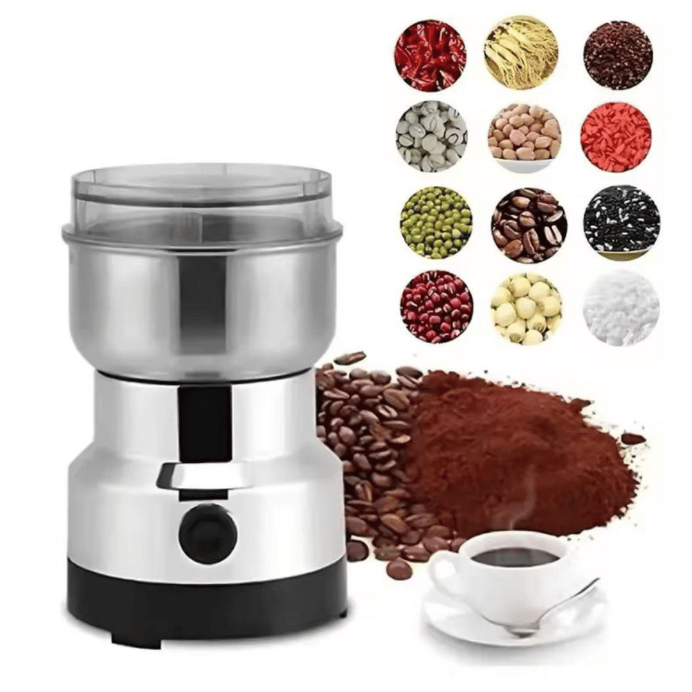 Coffee grinder with coffee beans, ground coffee, and a cup of coffee on a white background.