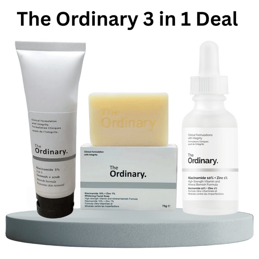 The Ordinary 3 in 1 Niacinamide skincare deal including serum, facial soap, and scrub