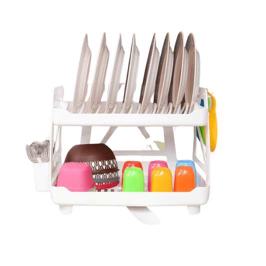 Close-up view of 2-tier plastic desktop organizer shelf