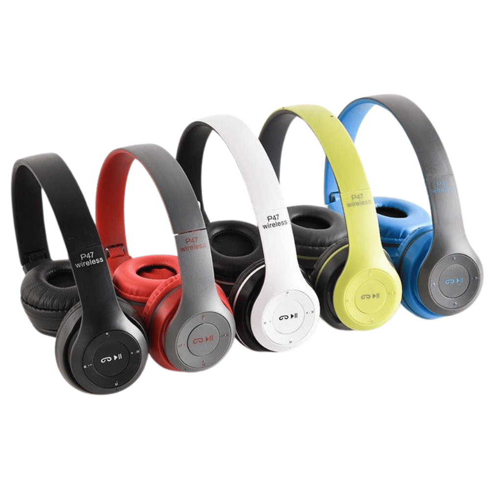 Multiple color variants of P47 headphones with retail boxes displayed