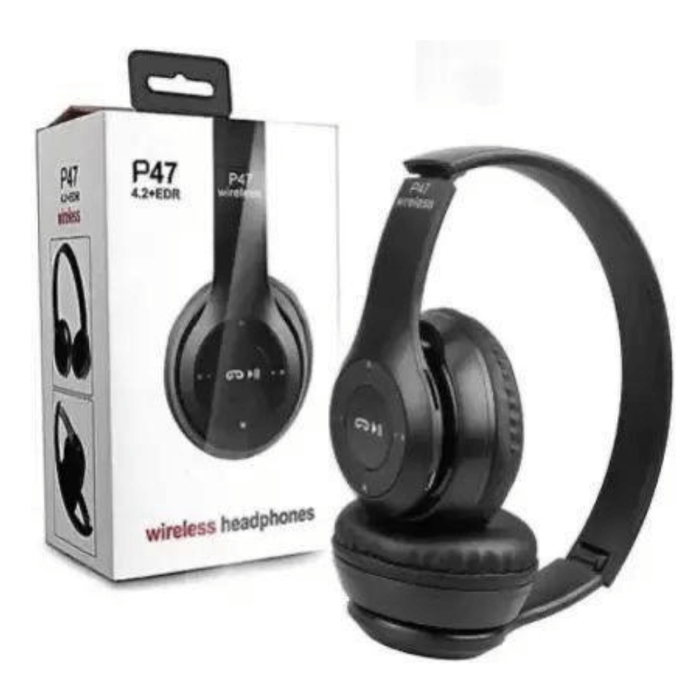 Side profile of black P47 headphones showing foldable design