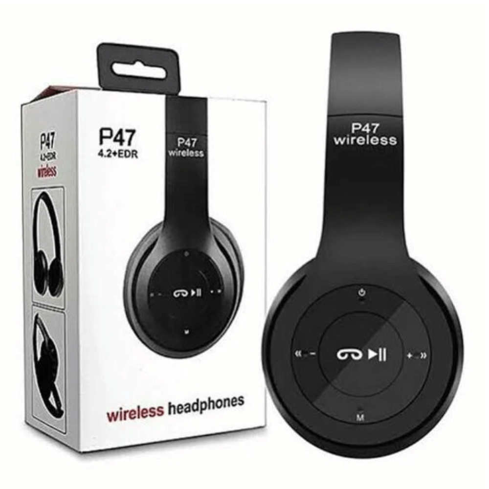 Zoomed-in detail of black P47 headphones’ texture and controls.
