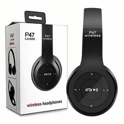 Zoomed-in detail of black P47 headphones’ texture and controls.