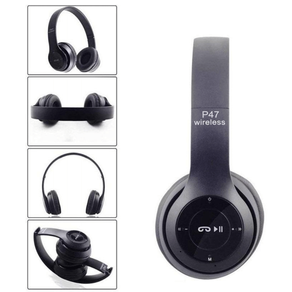 Front-facing view of black P47 wireless headphones