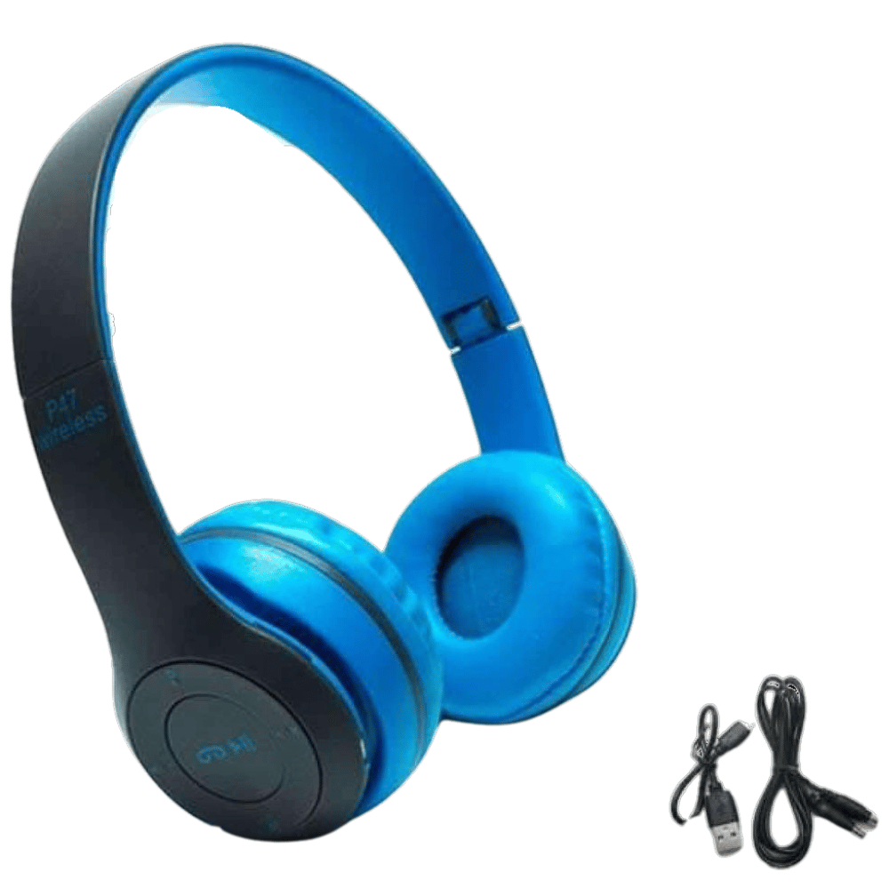 Main product view of blue P47 wireless headphones.