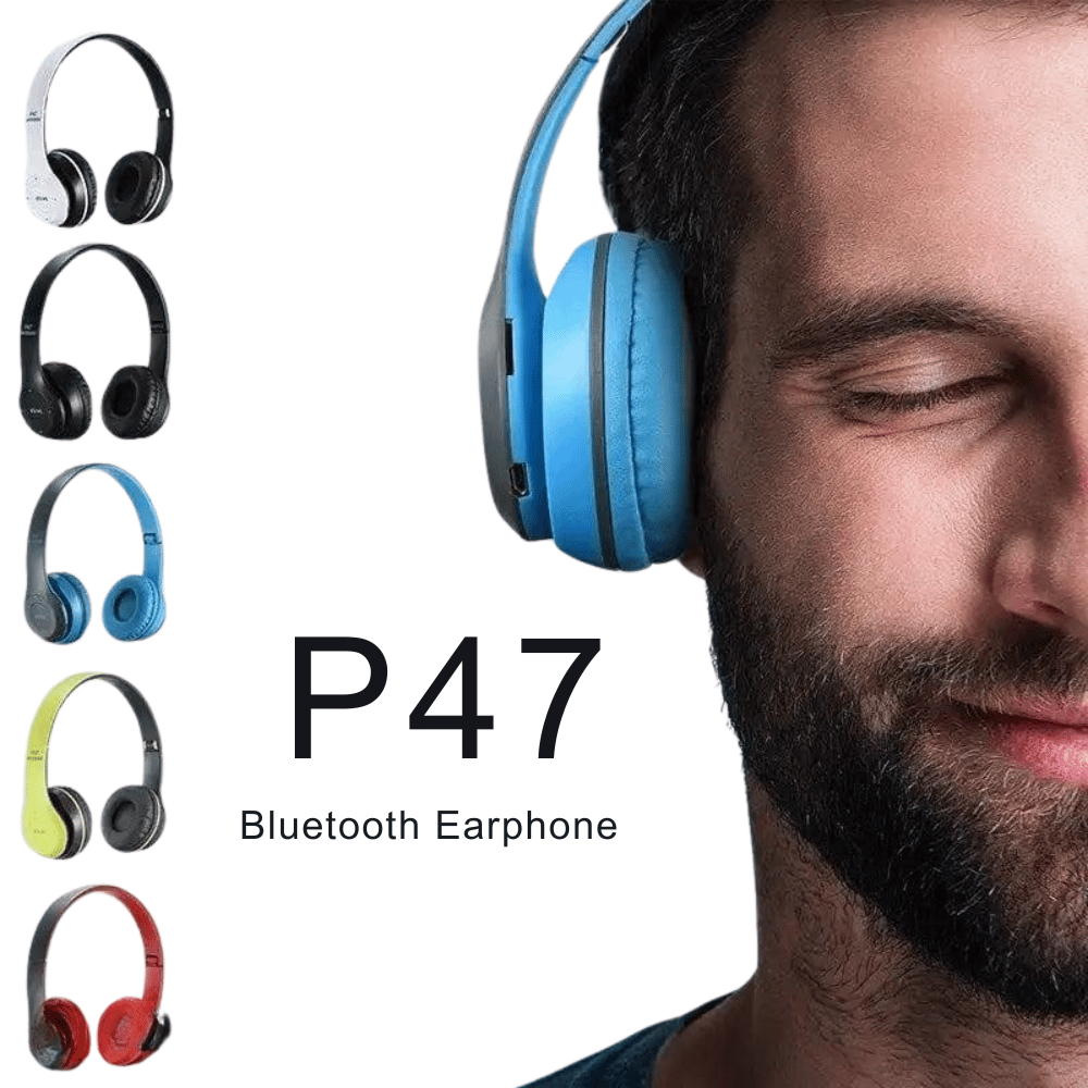 Graphic showing P47 key features like Bluetooth, foldability, etc. with Model