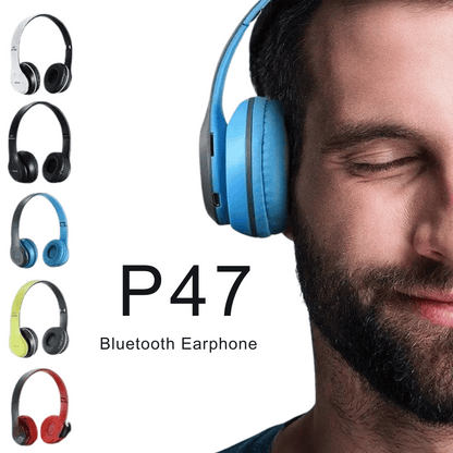 Graphic showing P47 key features like Bluetooth, foldability, etc. with Model