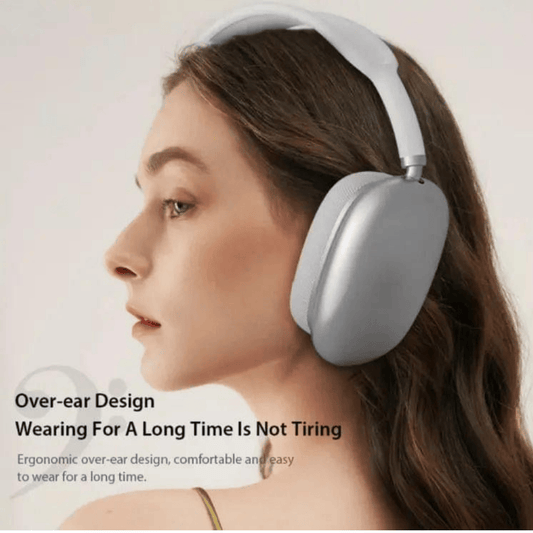 Side view of silver P9 headphone worn on ear