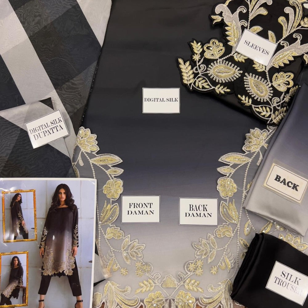 Fabric swatches with gold embroidery and a model wearing the garment.