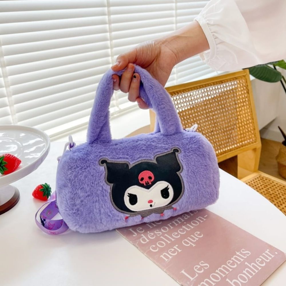 Stylish Plush Anime Character Bag – Purple with Model | ShopFirst.pk