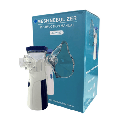Mesh Nebulizer with its packaging and instruction manual on a white background