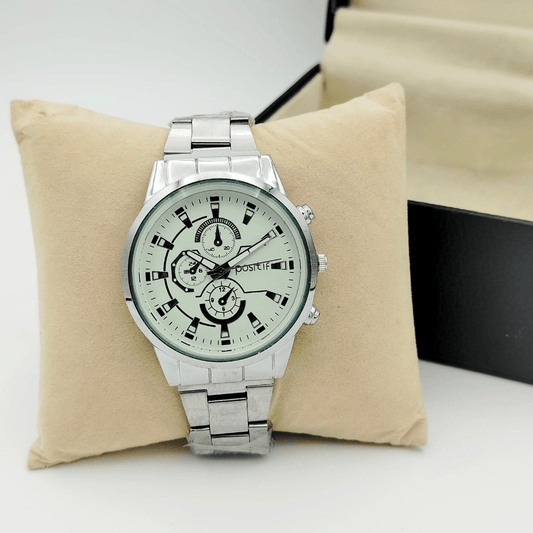 Close-up of the Positif men's watch in a silver finish
