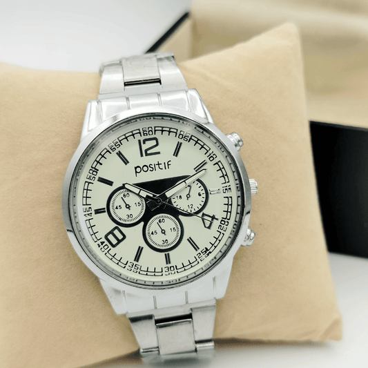 Front view showcasing the Positif men's watch with a unique dial