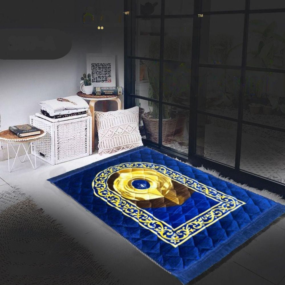 Decorative rug with a central emblem in a room setting