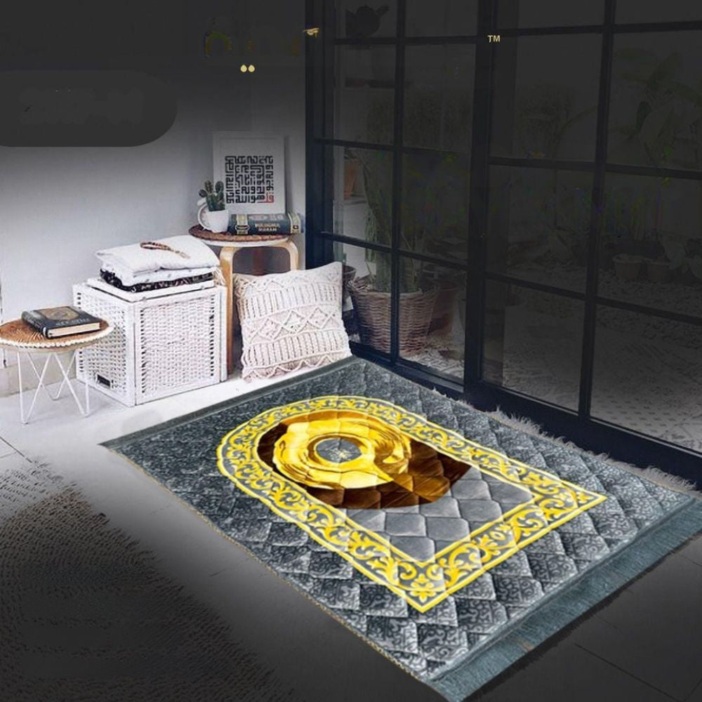 Decorative rug with geometric pattern on a dark floor