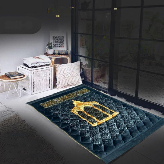 Decorative rug with geometric pattern on a dark floor