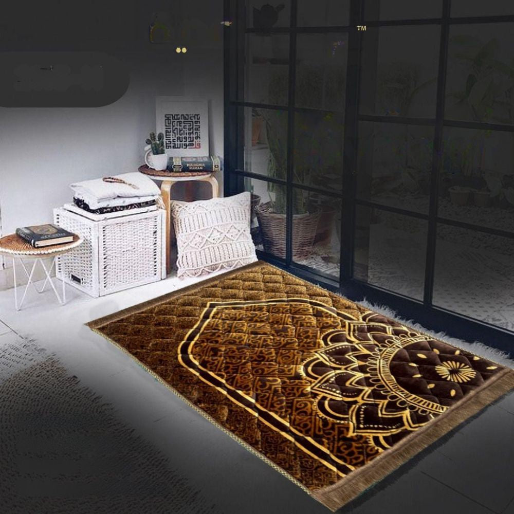 Decorative rug with intricate patterns in a modern room setting.