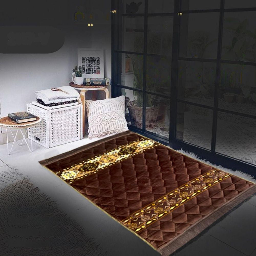 Decorative brown and gold rug on a dark floor with a room in the background.