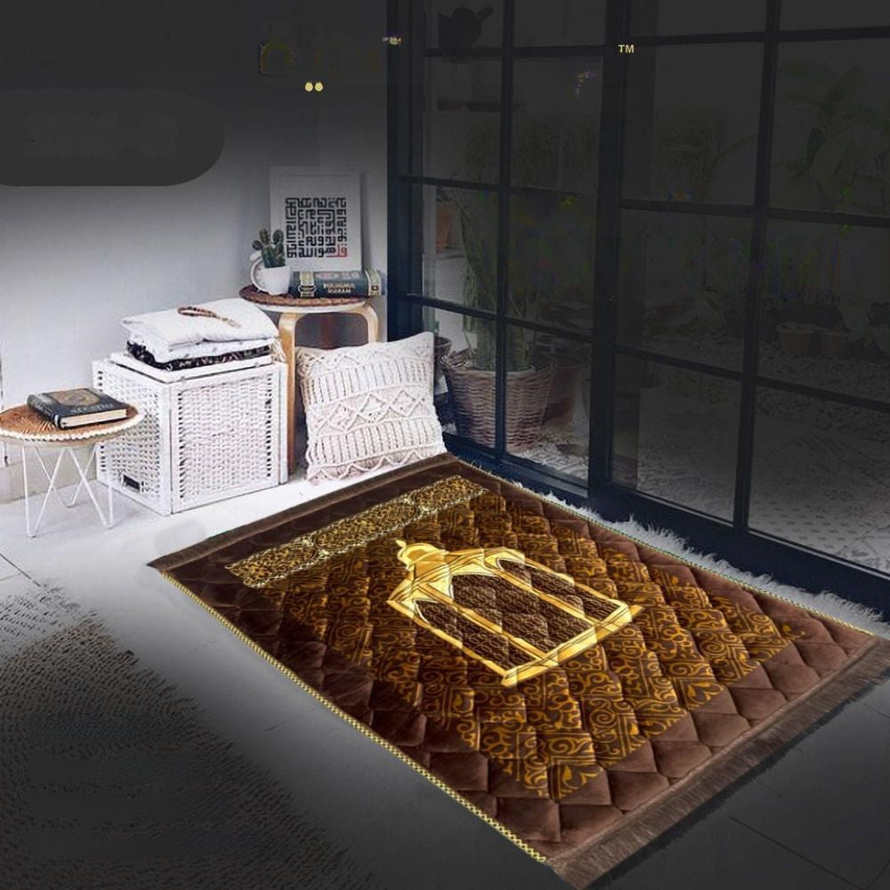 Decorative rug with a gold emblem on a dark floor.