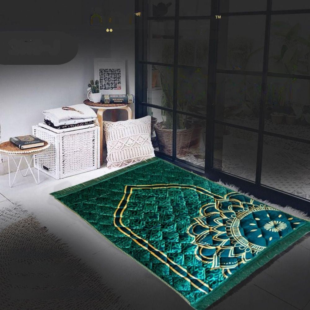 Green patterned rug on a dark floor with a modern interior setting.