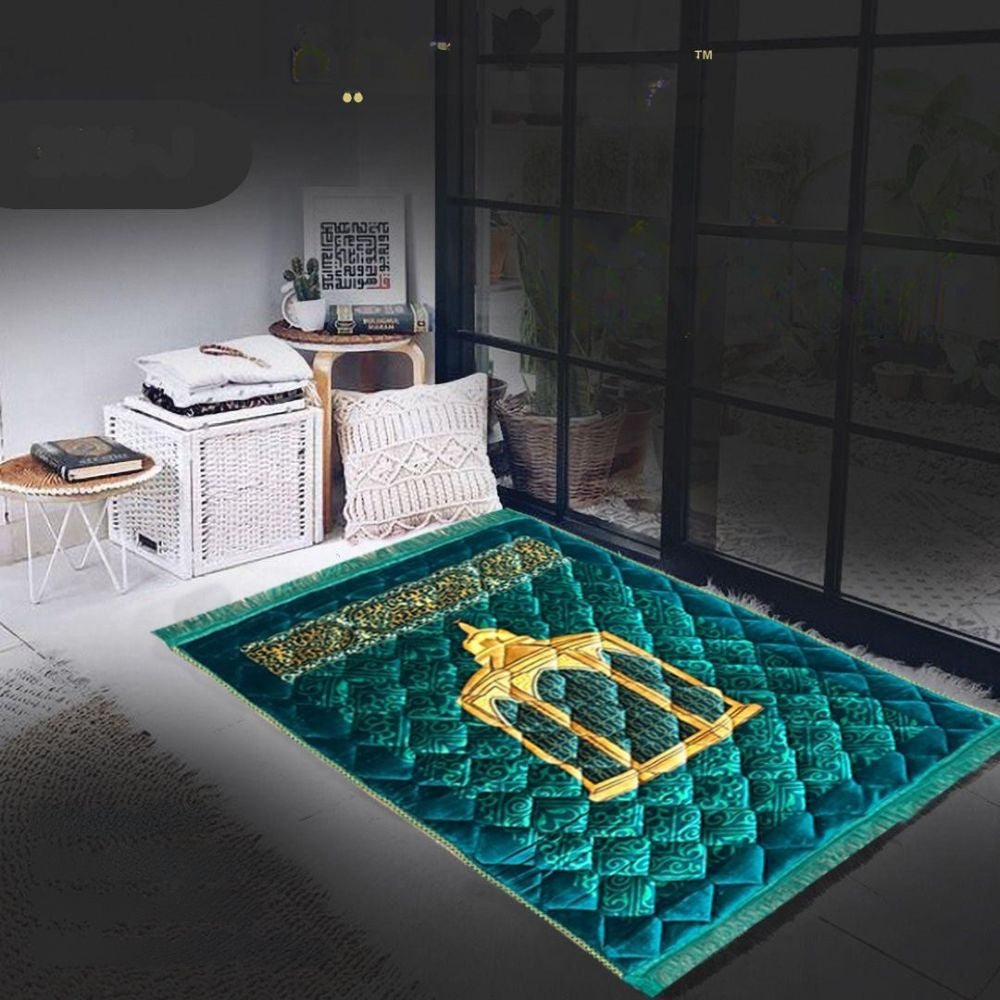 Decorative green rug with gold geometric design in a room setting