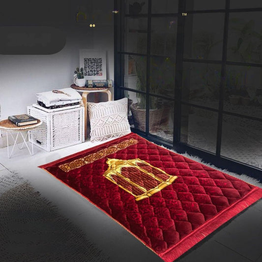 Red decorative rug with gold patterns in a room setting