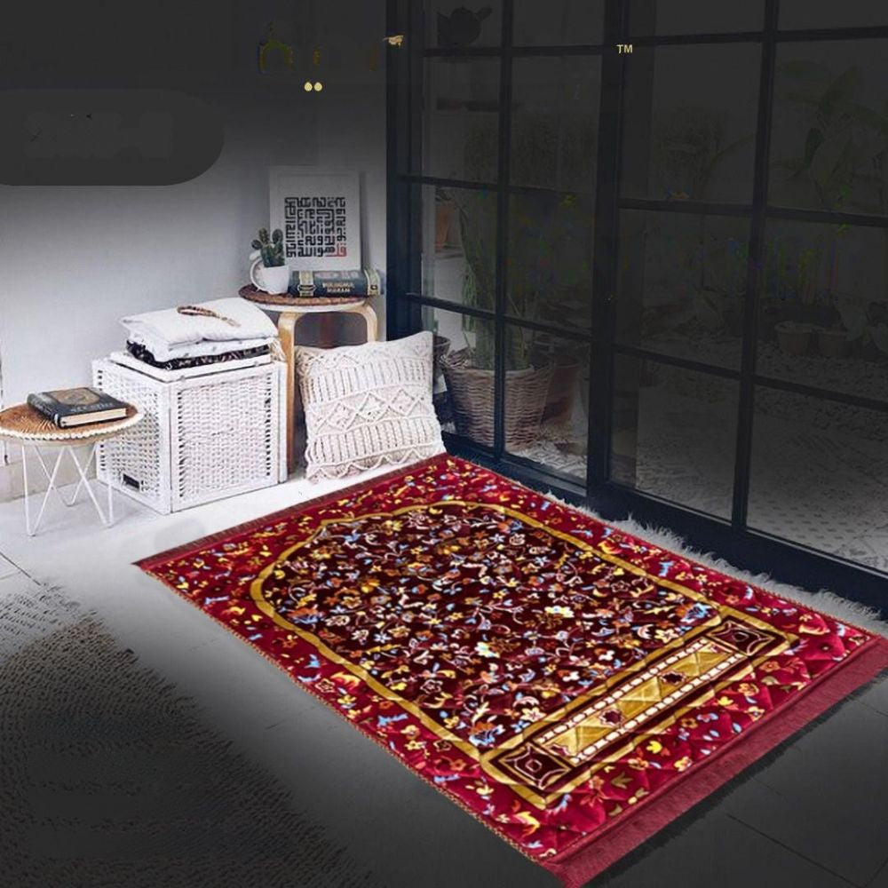 Decorative rug with intricate patterns on a dark floor.