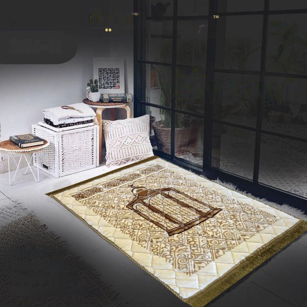 Decorative rug with geometric pattern on a dark floor