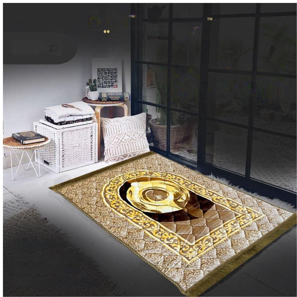 Decorative rug with intricate design on a floor in a room.