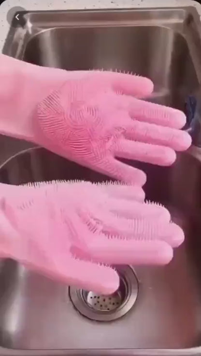 Magic Reusable Silicone Cleaning Gloves with Built-in Scrubber – Heat Resistant Multipurpose Gloves for Dishwashing, Car Cleaning & Household Use