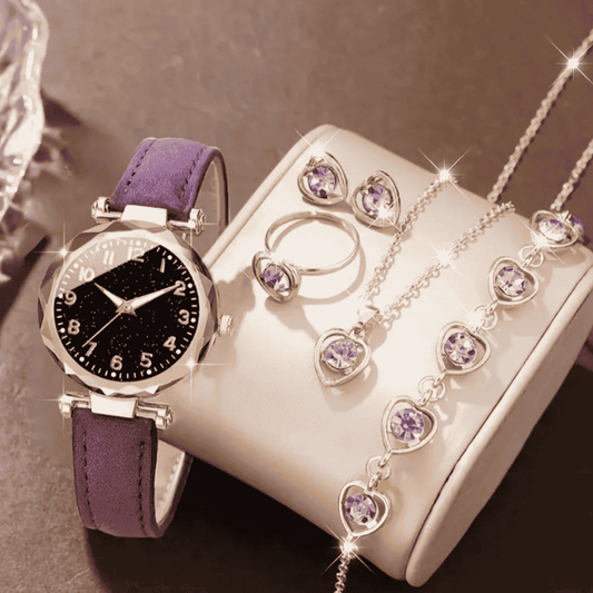 Elegant purple watch combo with matching jewellery set