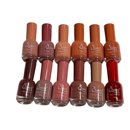 Front display of Queen nude nail polish set in packaging