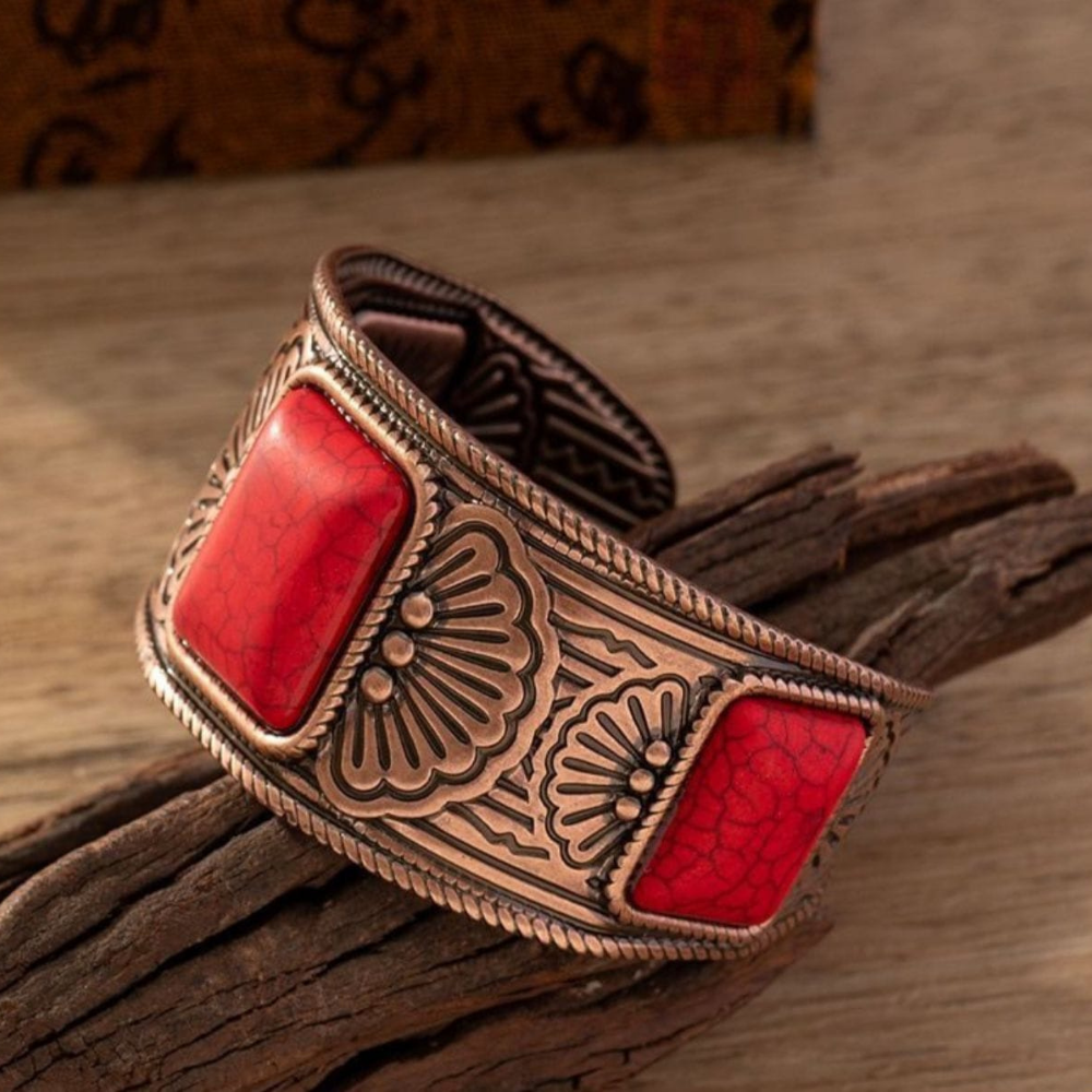 Detailed close-up of red antique artificial bangle