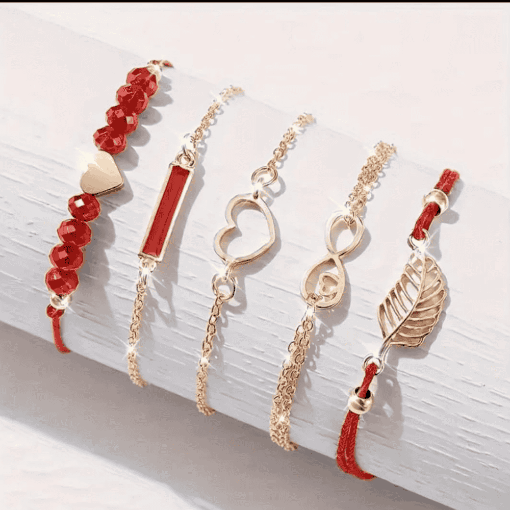 Close-up view of matching red-themed bracelet set