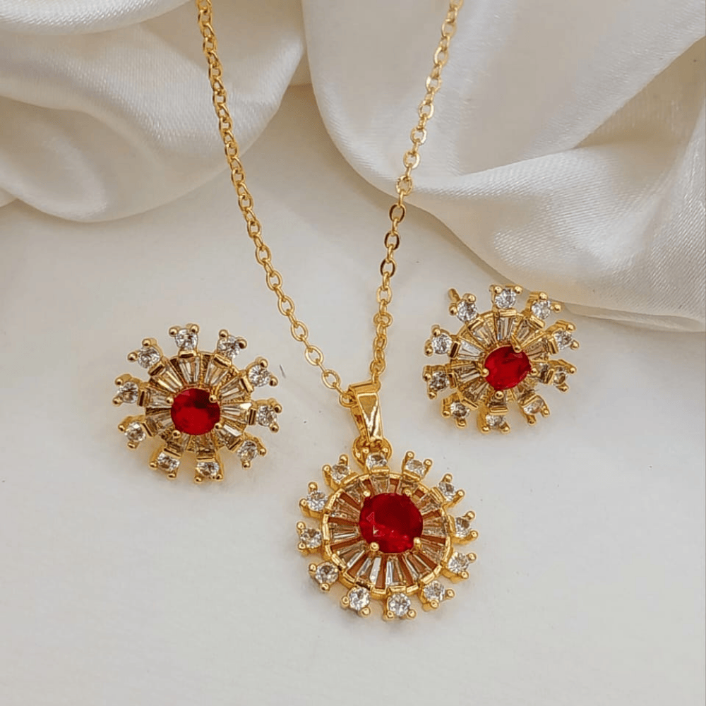 Red artificial round locket and earrings set, ideal for party wear