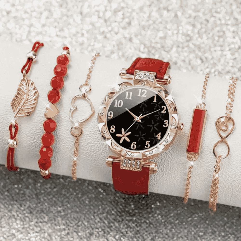 Full combo of red watch and bracelets displayed together