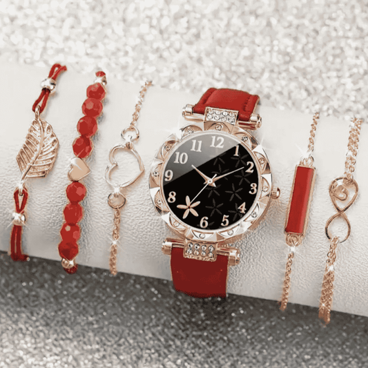 Full combo of red watch and bracelets displayed together