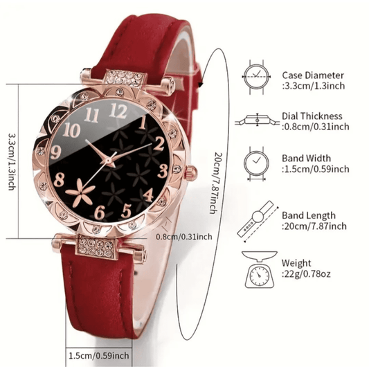 Display showing specifications of red lovers watch