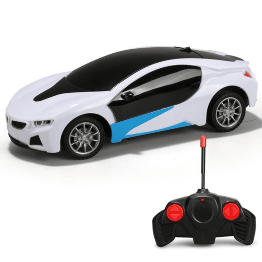 Red RC car with wireless remote controller on red button