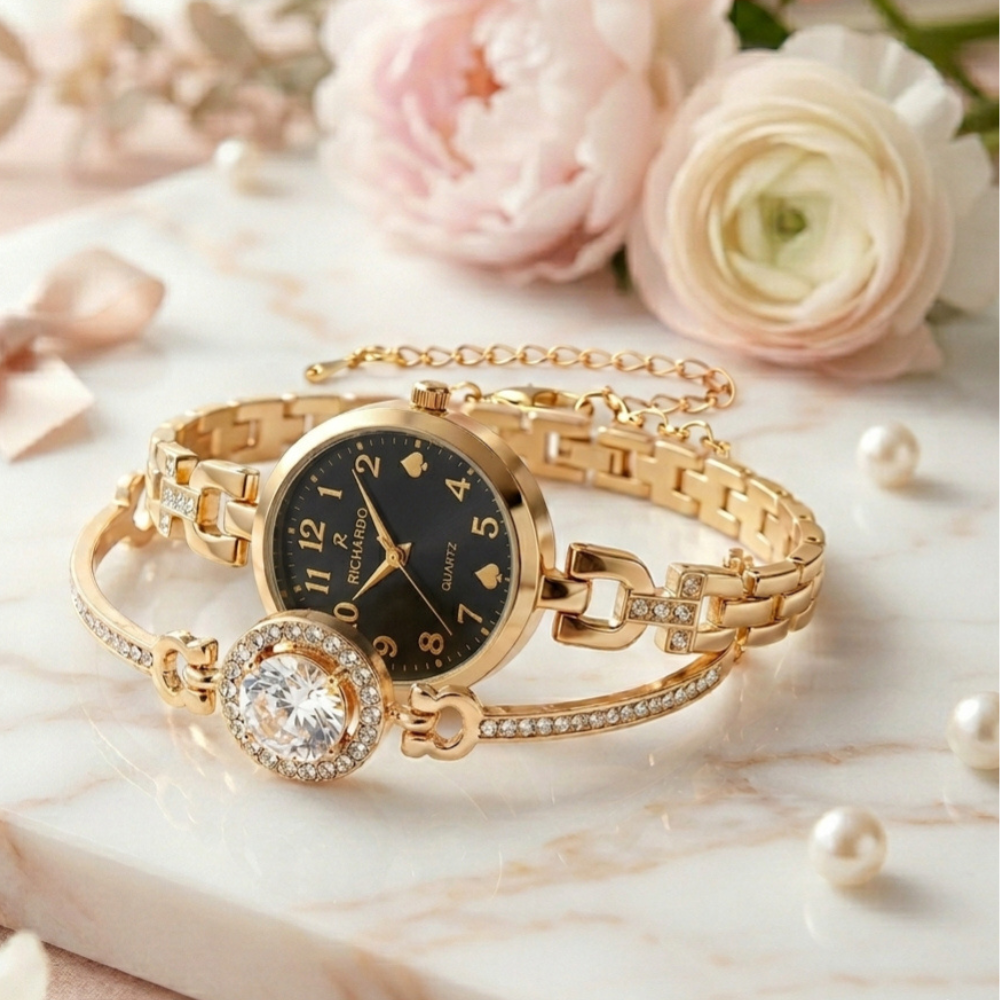 Richardo gold with black dial Watch Bracelet Set with Box Best Price in Pakistan